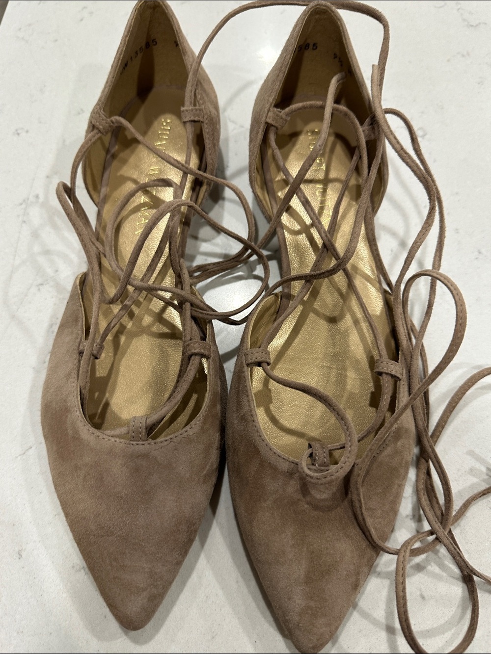 Stuart Weitzman Taupe Suede Lace-Up Pointed Flats